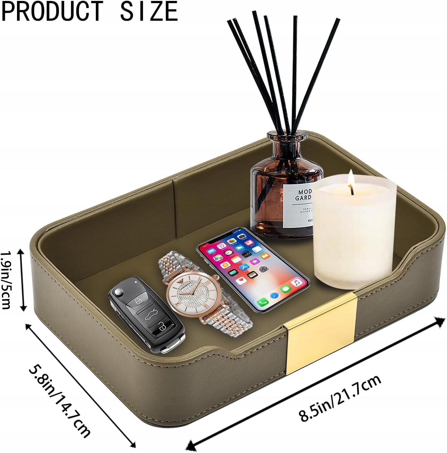 Skórzana tacka organizer PU Leather na klucze telefon zegarek – Oliwkowy - obrazek 5