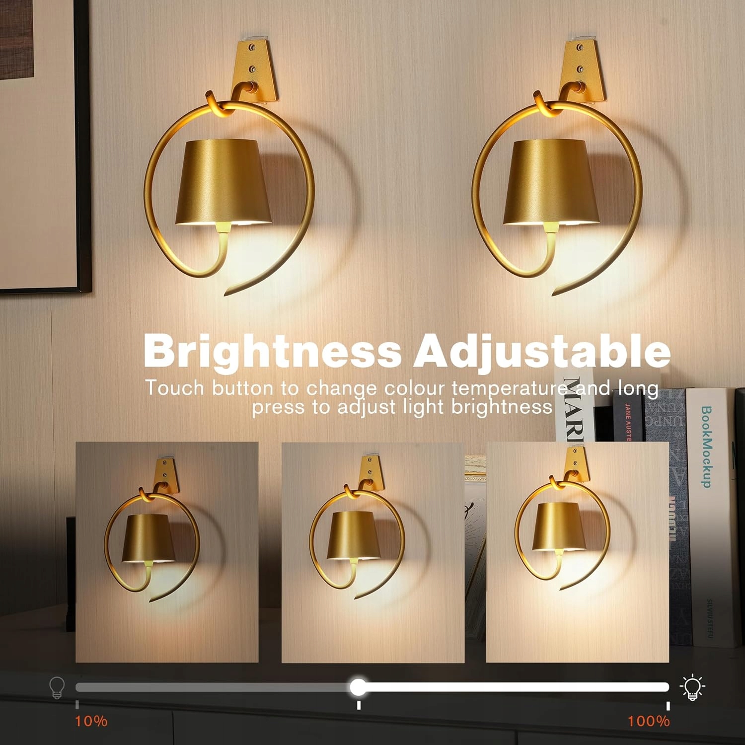 Bezprzewodowe Kinkiety Ścienne LED RGB Akumulatorowe – 2 szt Złote - obrazek 7