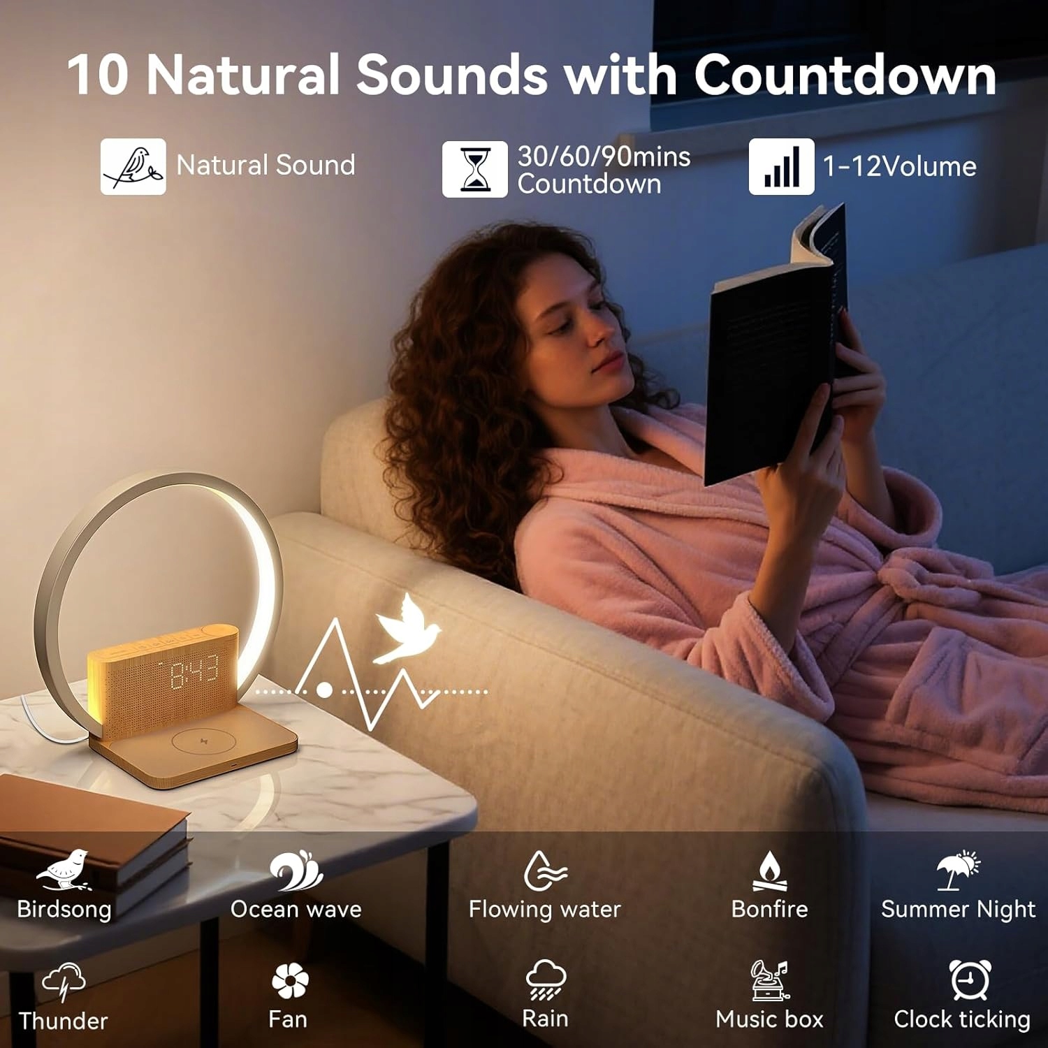 Budzik świetlny LED 4w1 z ładowaniem Qi 10W | Lampa nocna | 10 dźwięków - obrazek 7