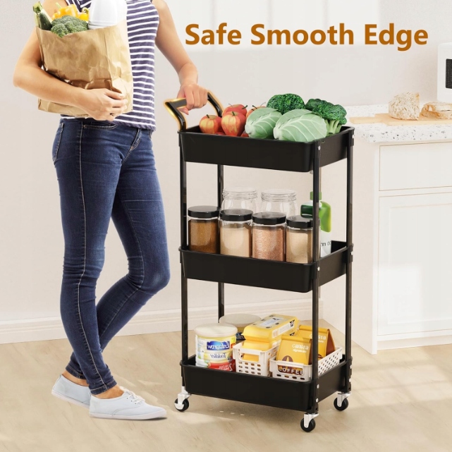 Wózek Regał Mobilny 3 Poziomy na Kółkach 90kg Czarny - obrazek 6