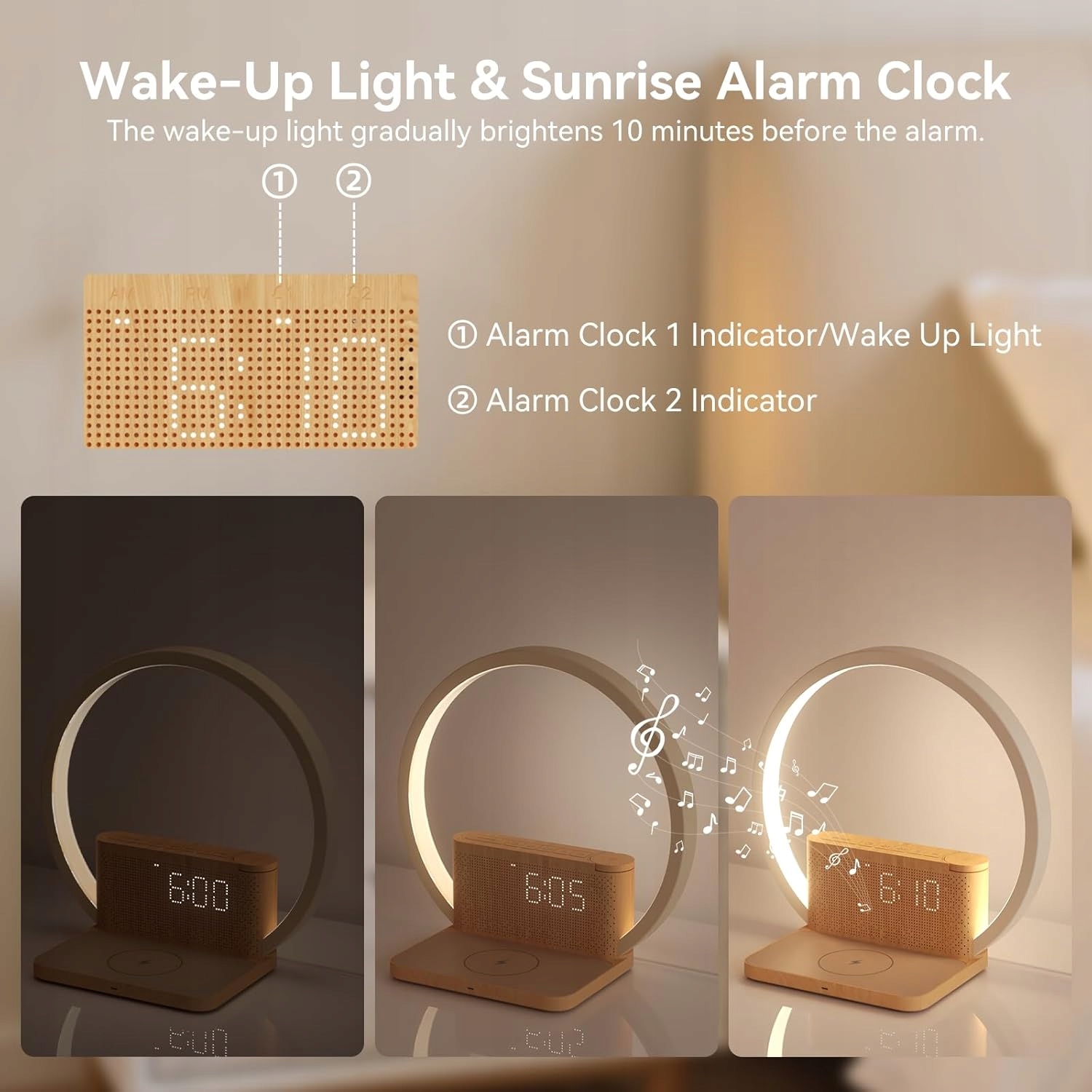 Budzik świetlny LED 4w1 z ładowaniem Qi 10W | Lampa nocna | 10 dźwięków - obrazek 2