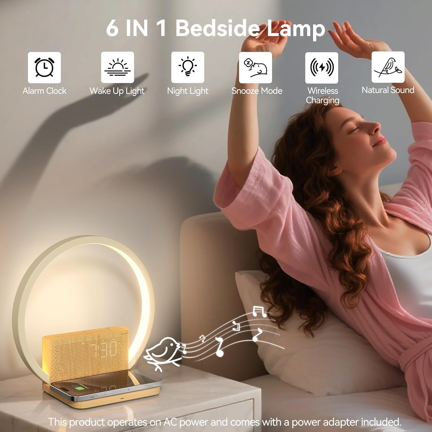 Budzik świetlny LED 4w1 z ładowaniem Qi 10W | Lampa nocna | 10 dźwięków - obrazek 6