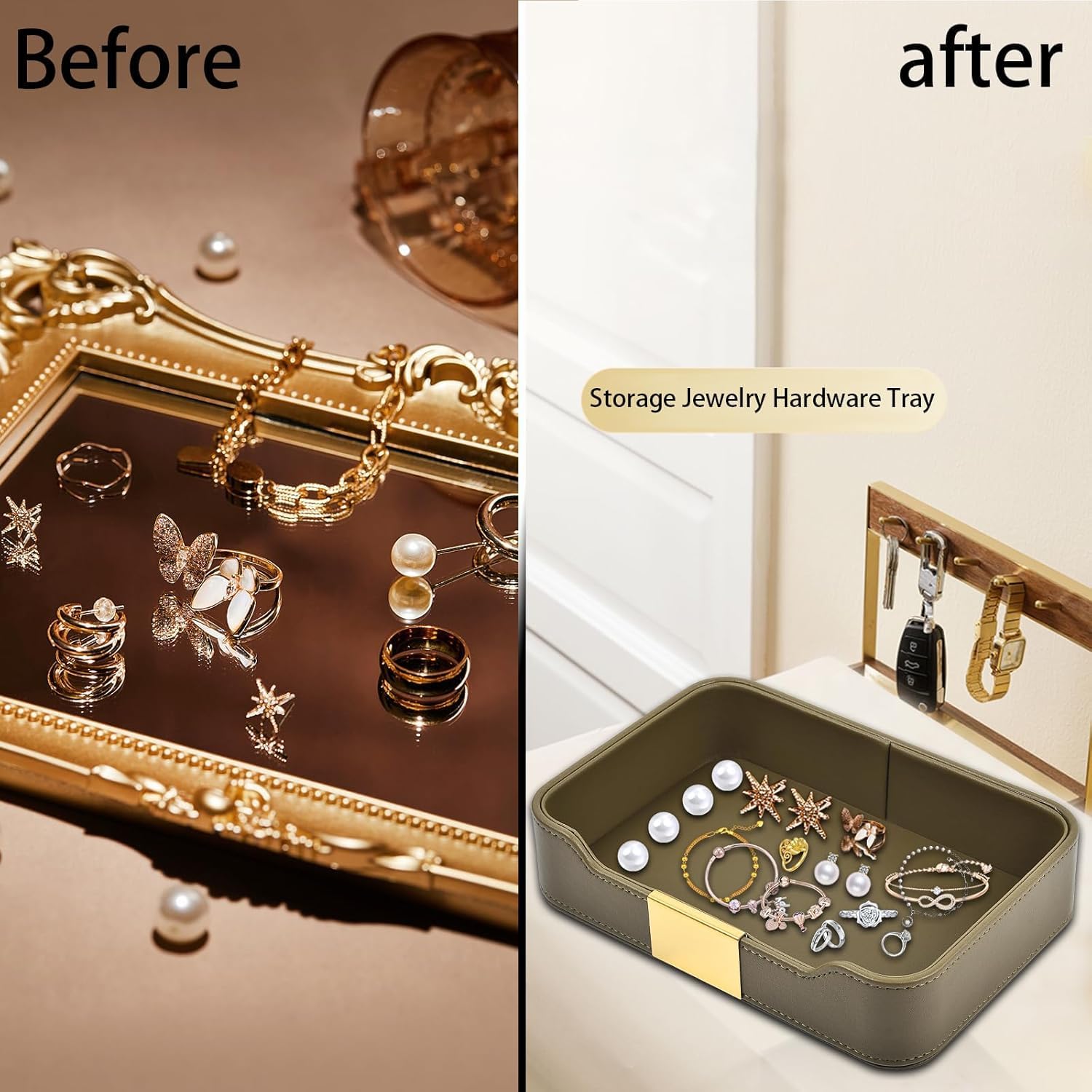 Skórzana tacka organizer PU Leather na klucze telefon zegarek – Oliwkowy - obrazek 7