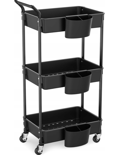 Wózek Regał Mobilny 3 Poziomy na Kółkach 90kg Czarny