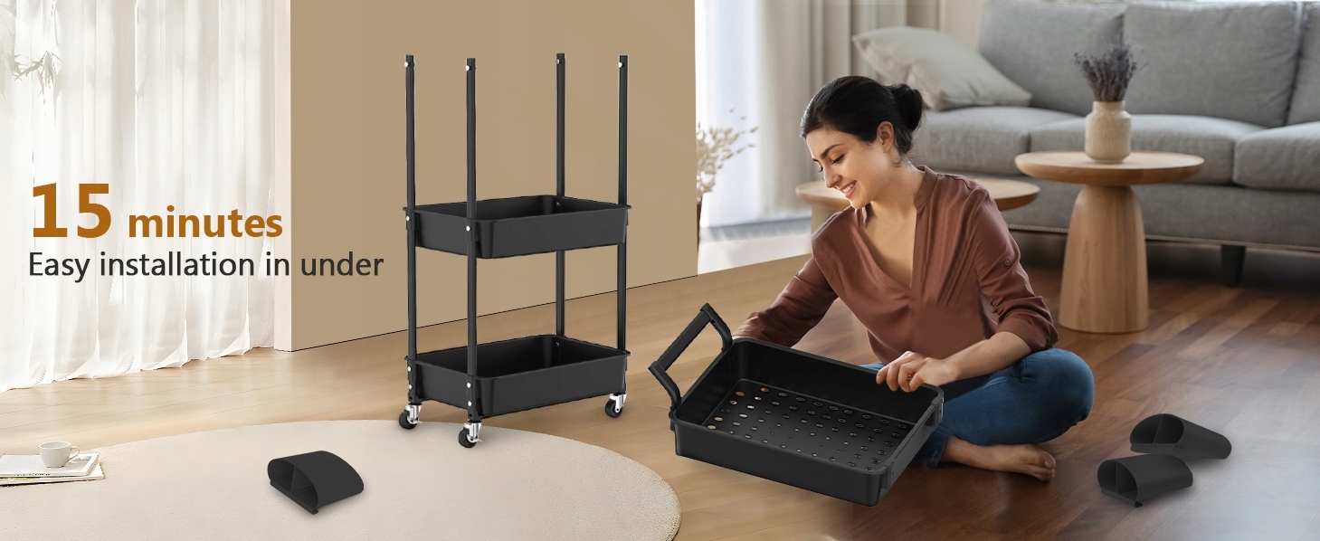 Wózek Regał Mobilny 3 Poziomy na Kółkach 90kg Czarny - obrazek 10