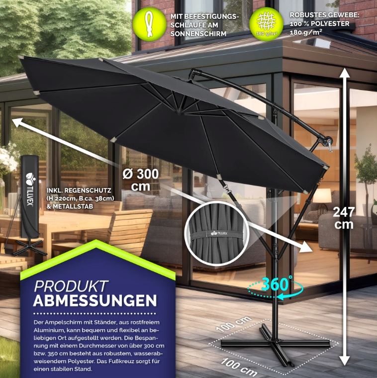 Parasol Wiszący tillvex Ø300 cm antracyt aluminiowy na korbę - obrazek 4