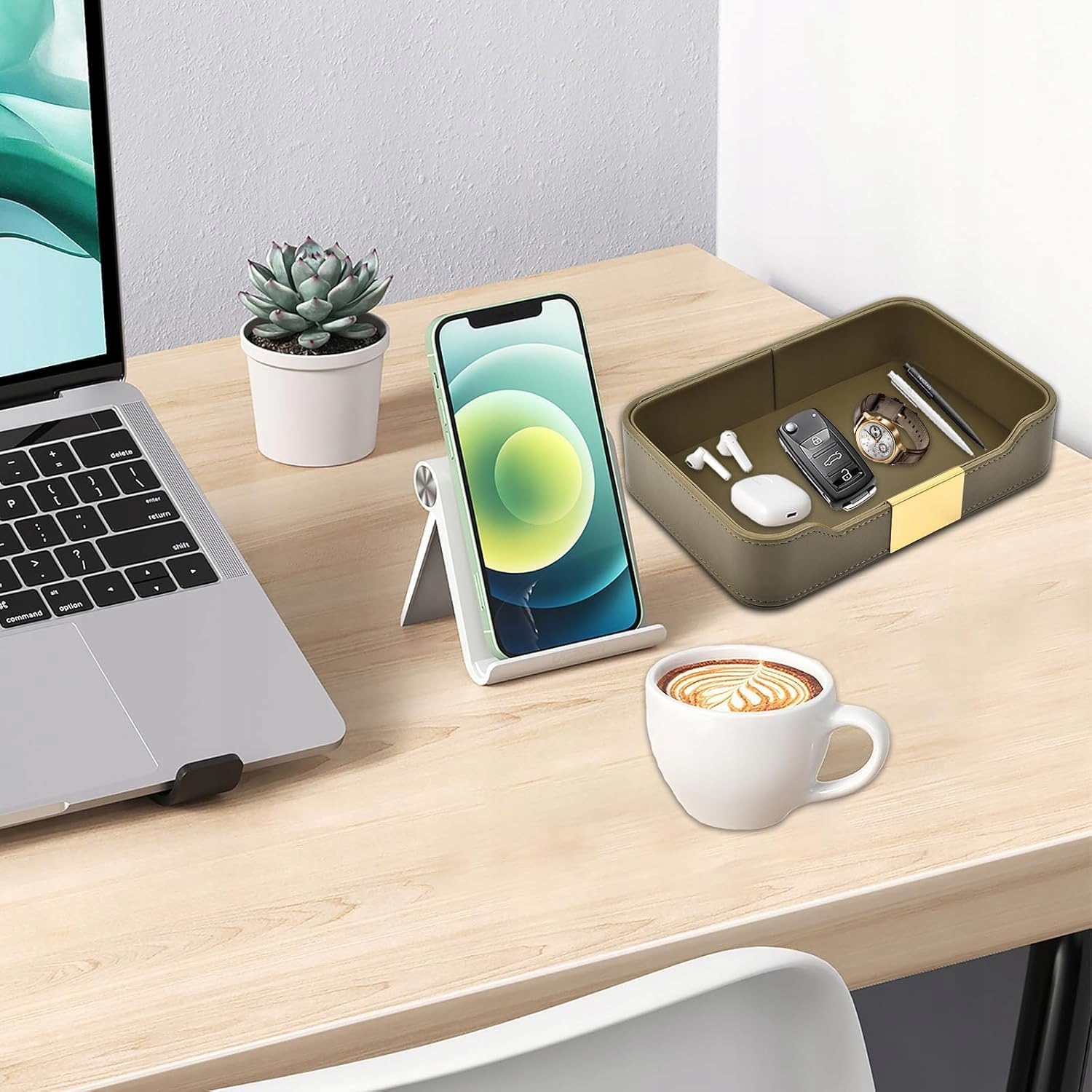 Skórzana tacka organizer PU Leather na klucze telefon zegarek – Oliwkowy - obrazek 2