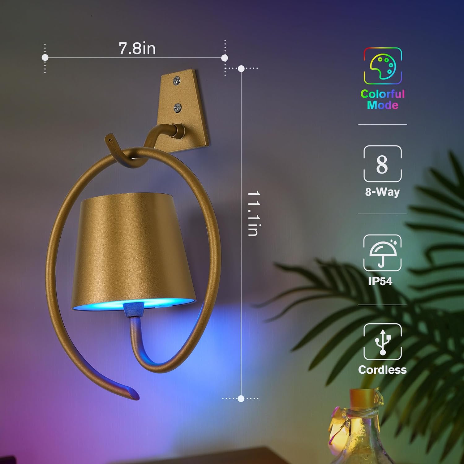 Bezprzewodowe Kinkiety Ścienne LED RGB Akumulatorowe – 2 szt Złote - obrazek 3