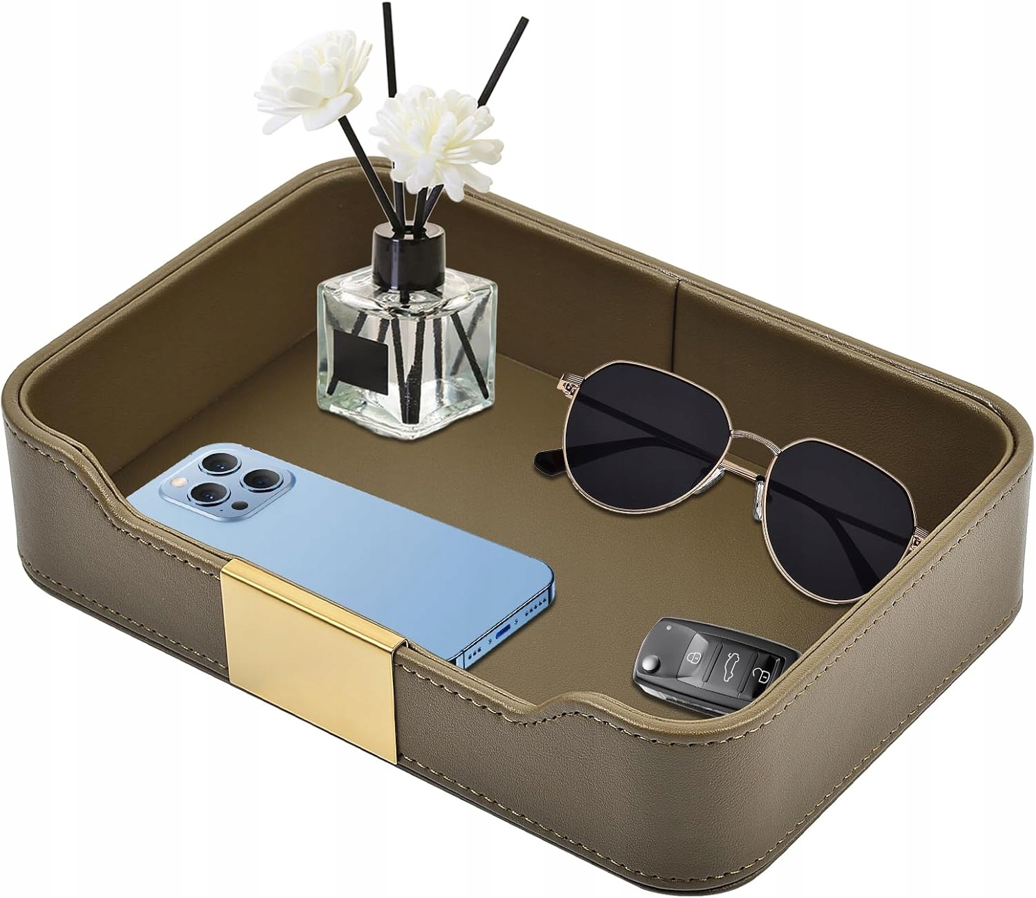 Skórzana tacka organizer PU Leather na klucze telefon zegarek – Oliwkowy