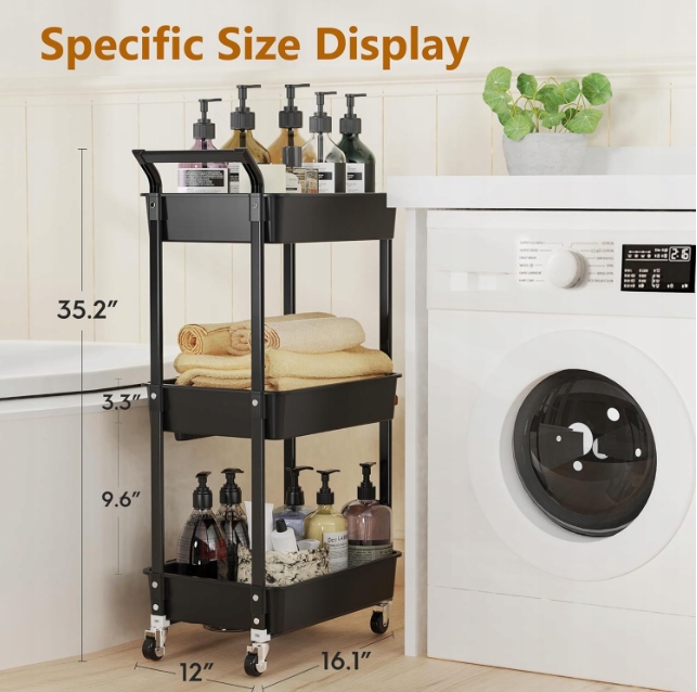 Wózek Regał Mobilny 3 Poziomy na Kółkach 90kg Czarny - obrazek 2