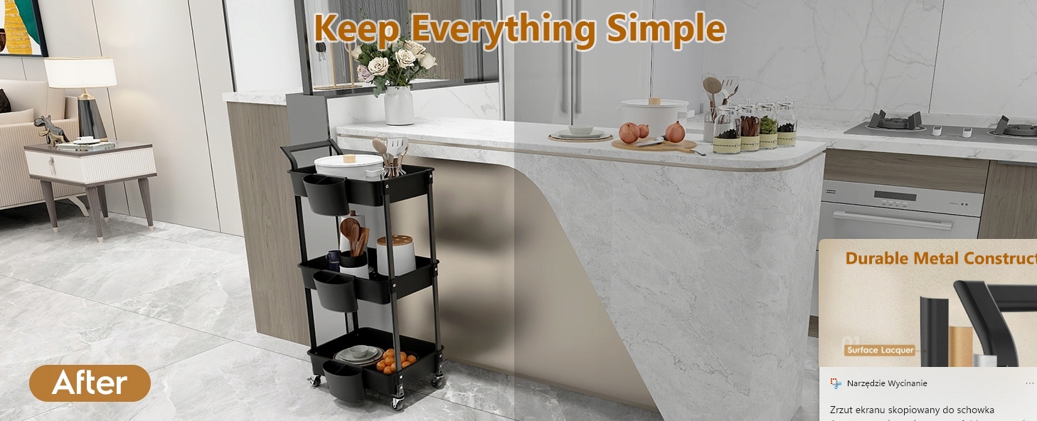 Wózek Regał Mobilny 3 Poziomy na Kółkach 90kg Czarny - obrazek 8