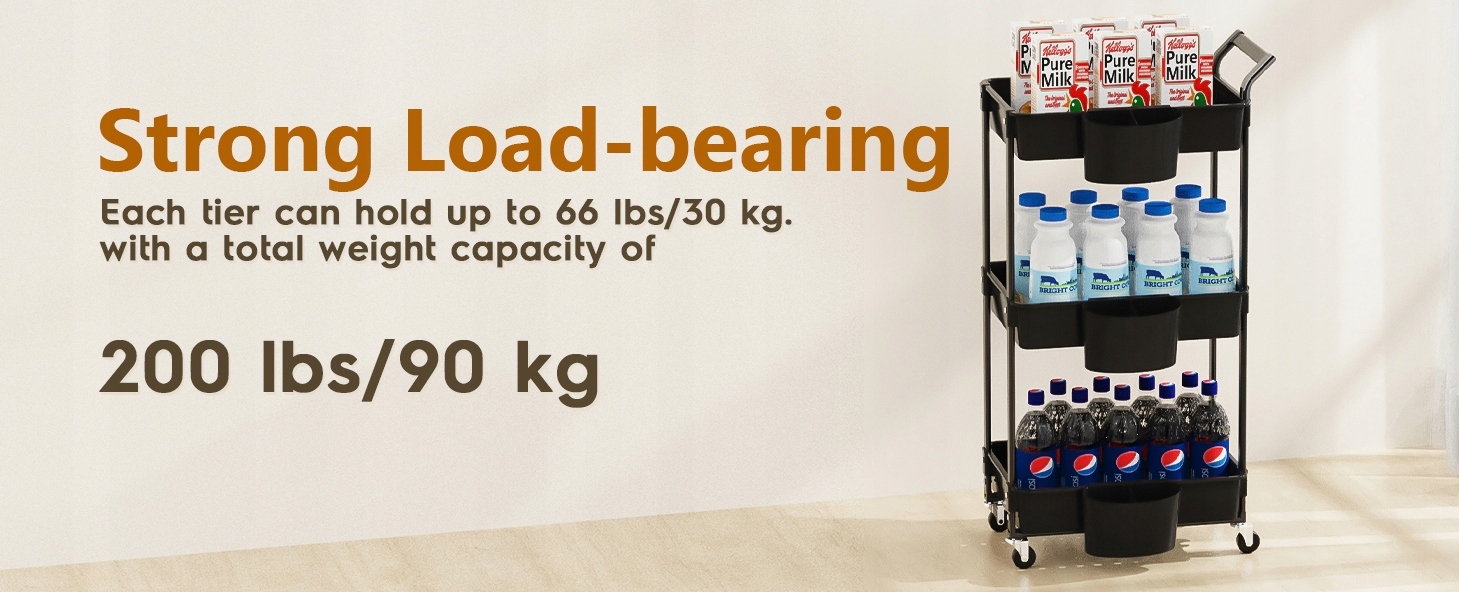 Wózek Regał Mobilny 3 Poziomy na Kółkach 90kg Czarny - obrazek 11