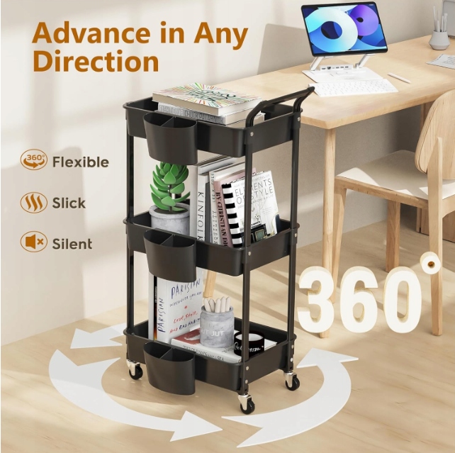 Wózek Regał Mobilny 3 Poziomy na Kółkach 90kg Czarny - obrazek 4