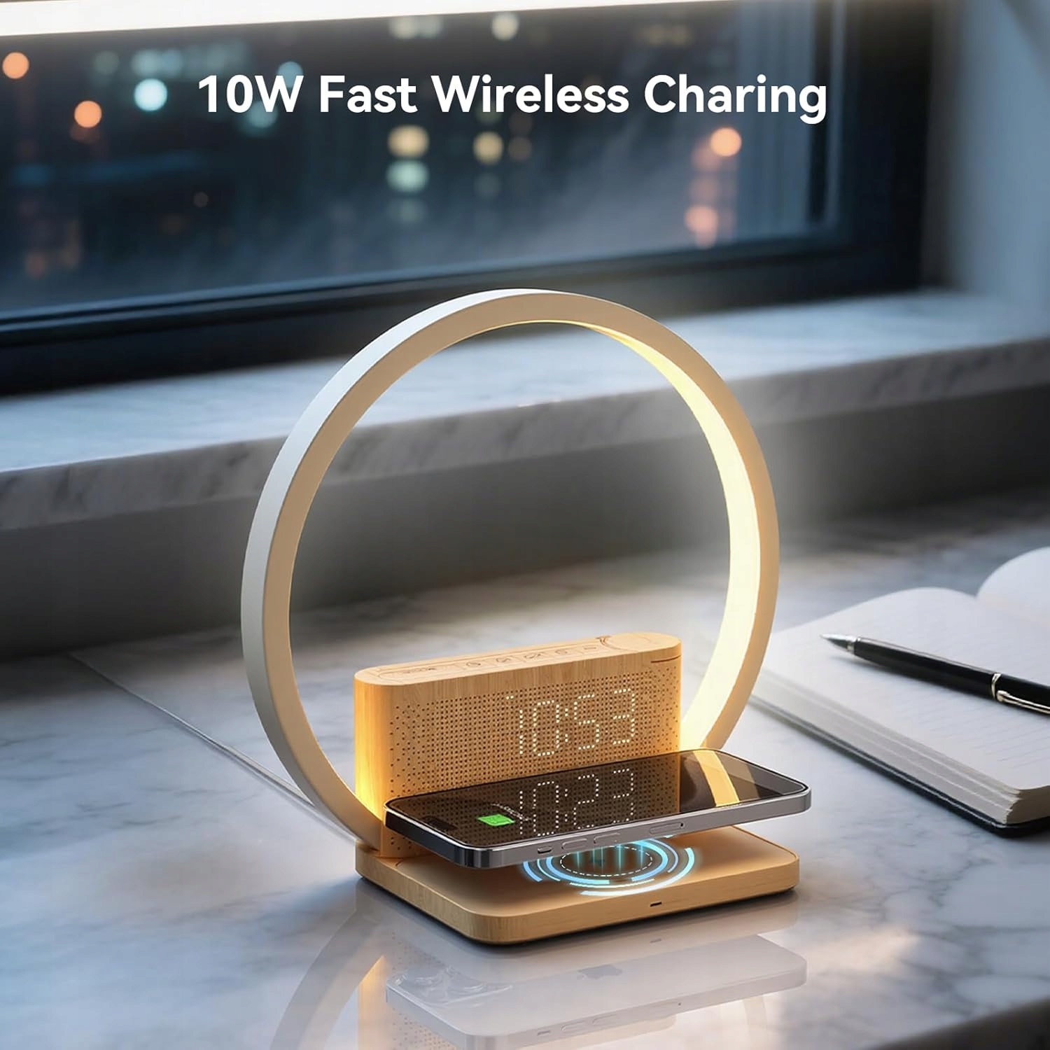 Budzik świetlny LED 4w1 z ładowaniem Qi 10W | Lampa nocna | 10 dźwięków - obrazek 5