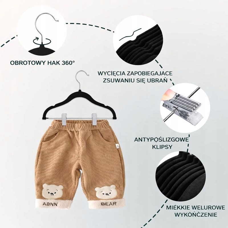 Wieszaki na Ubrania dla Dzieci z Klipsami 24 szt. Czarne 30 cm - obrazek 6