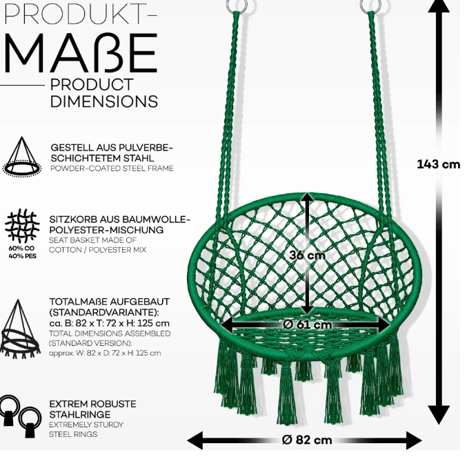 FOTEL WISZĄCY Z PODUSZKĄ KRZESŁO DO ZAWIESZENIA HUŚTAWKA TILLVEX ZIELONY - obrazek 2
