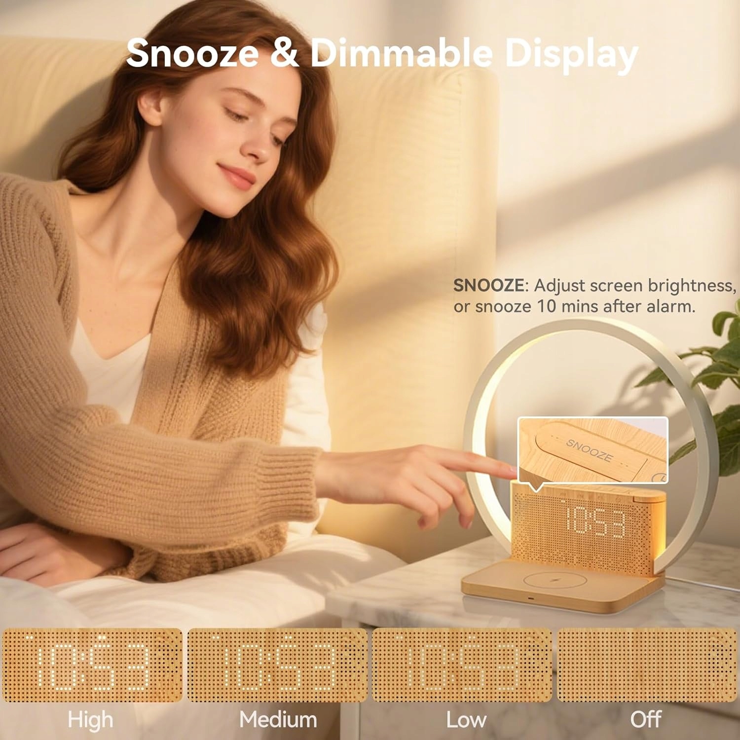 Budzik świetlny LED 4w1 z ładowaniem Qi 10W | Lampa nocna | 10 dźwięków - obrazek 3