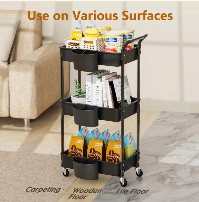 Wózek Regał Mobilny 3 Poziomy na Kółkach 90kg Czarny - obrazek 3