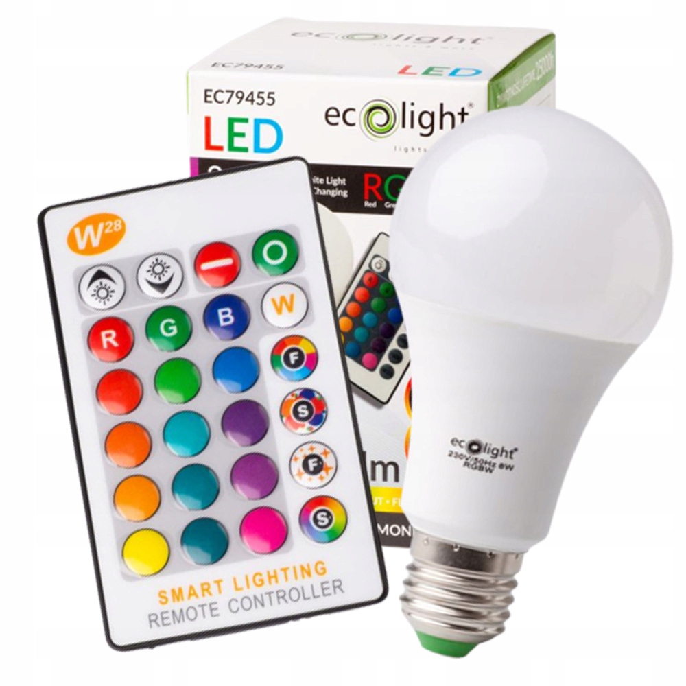 ŻARÓWKA LED RGB Różne Kolory E27 8W PILOTEM STEROWANA ECOLIGHT