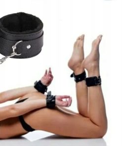 Alternative view of Kajdanki BDSM z futerkiem skórzane z łańcuszkiem