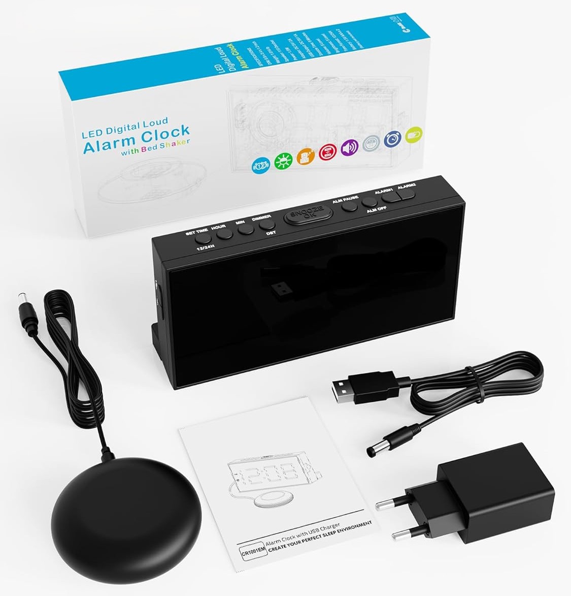 Budzik Głośny Mesqool z Wibracją Bed Shaker USB LED Biały - obrazek 11