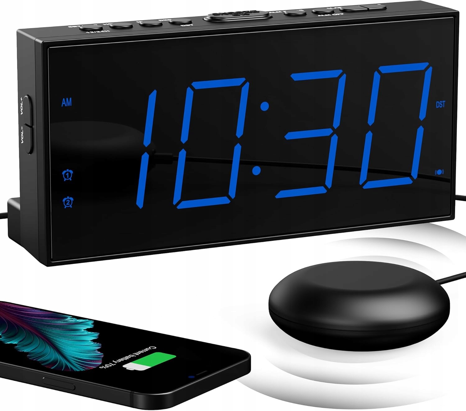 Budzik Głośny Mesqool z Wibracją Bed Shaker USB LED Biały - obrazek 9