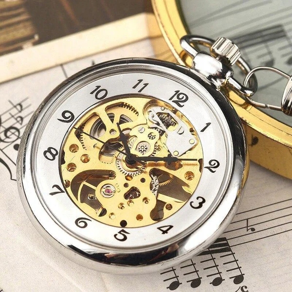Zegarek Kieszonkowy Mechaniczny Wahadło skeleton chrom vintage - obrazek 3