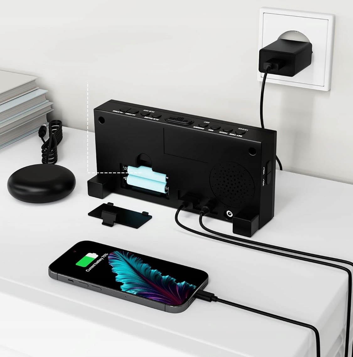 Budzik Głośny Mesqool z Wibracją Bed Shaker USB LED Biały - obrazek 12