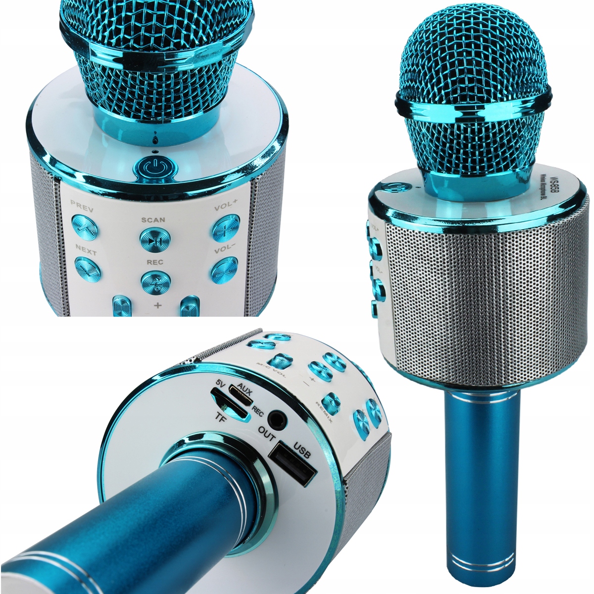 Mikrofon Karaoke Bluetooth Bezprzewodowy Głośnik Recorder Niebieski - obrazek 6
