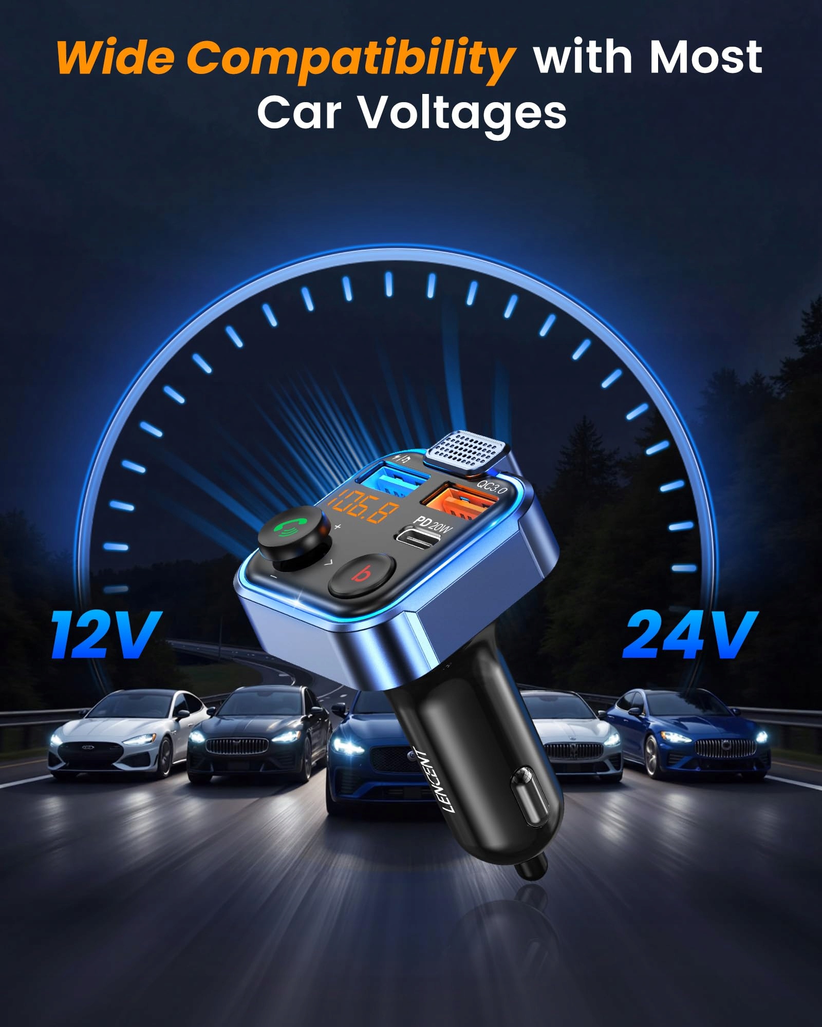 Transmiter FM Bluetooth 5.3 LENCENT USB-C PD QC Handsfree - obrazek 8