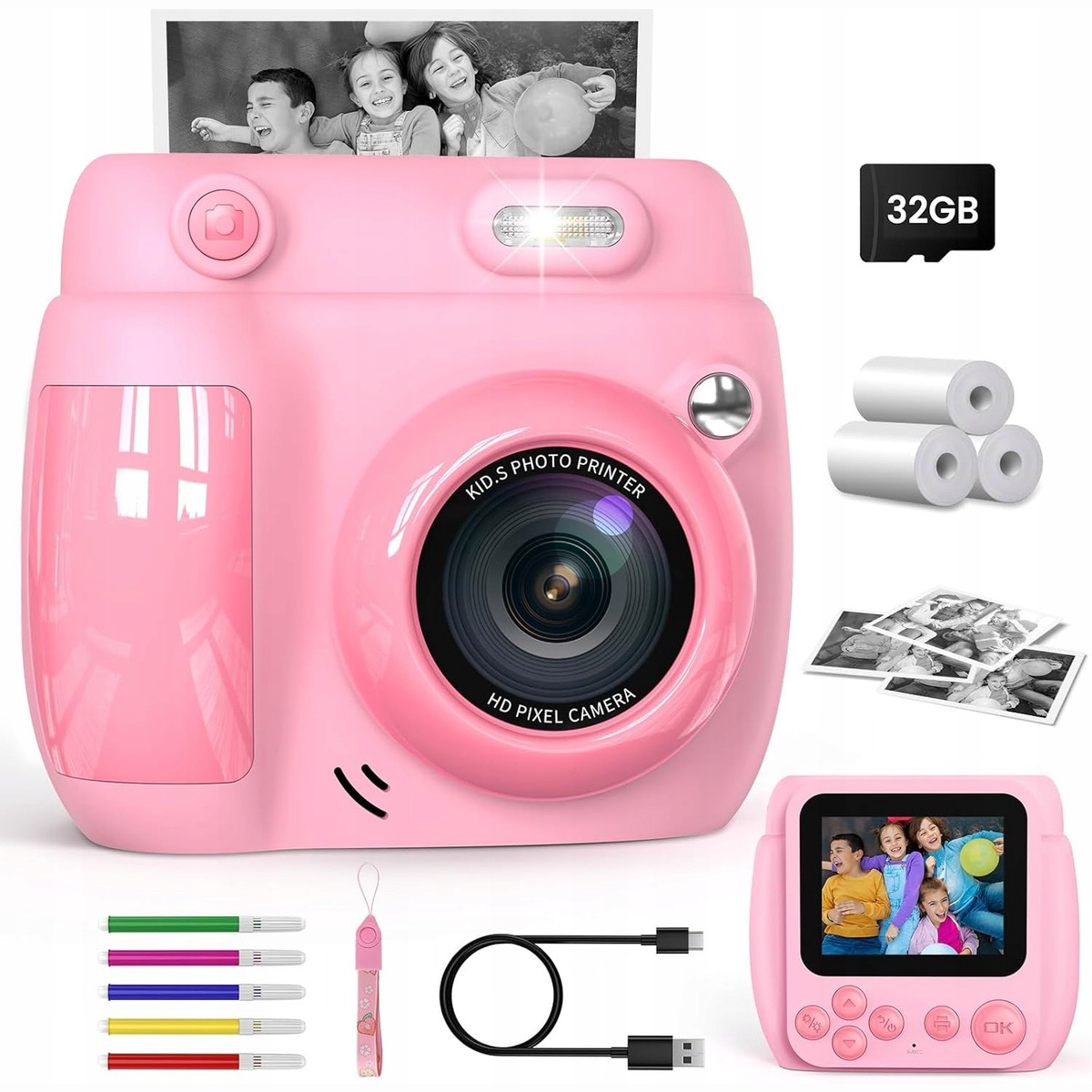 APARAT DLA DZIECI GOFUNLY Z DRUKARKĄ 1080P 32GB 3 ROLKI RÓŻOWY