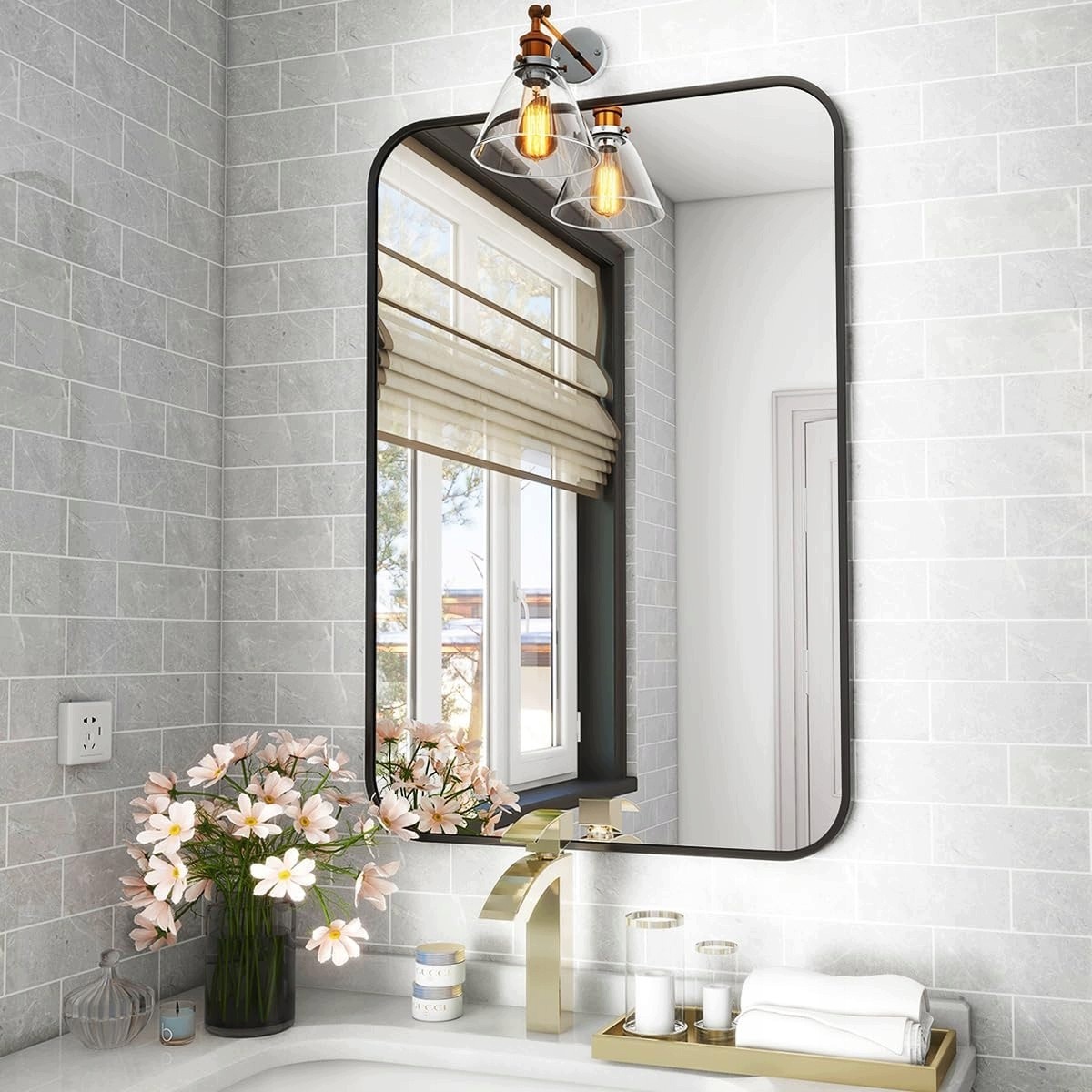 Lustro Ścienne Metalowa Rama Prostokątne 90,8 x 60,5 cm Duże Czarne