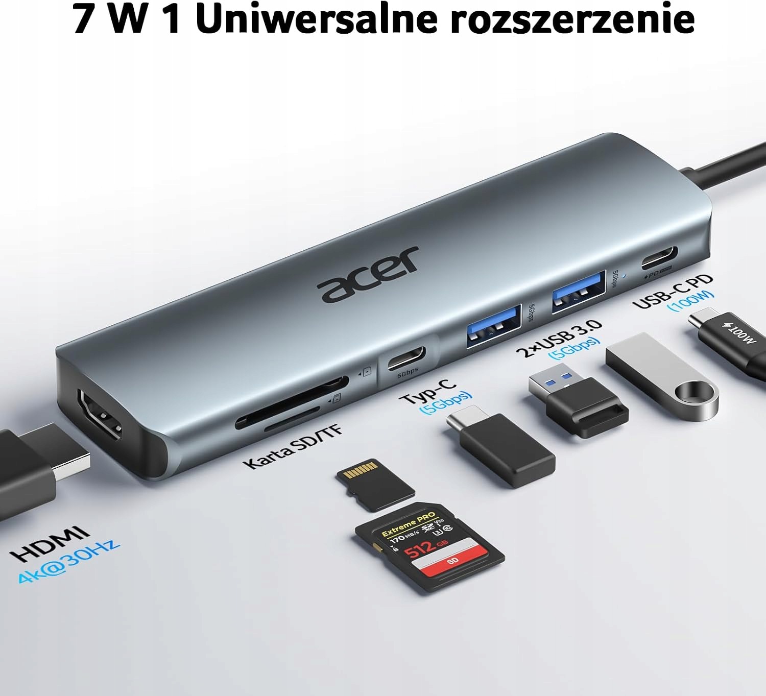Acer Hub USB-C 7w1 4K HDMI 2xUSB 3.0 100W SD TF