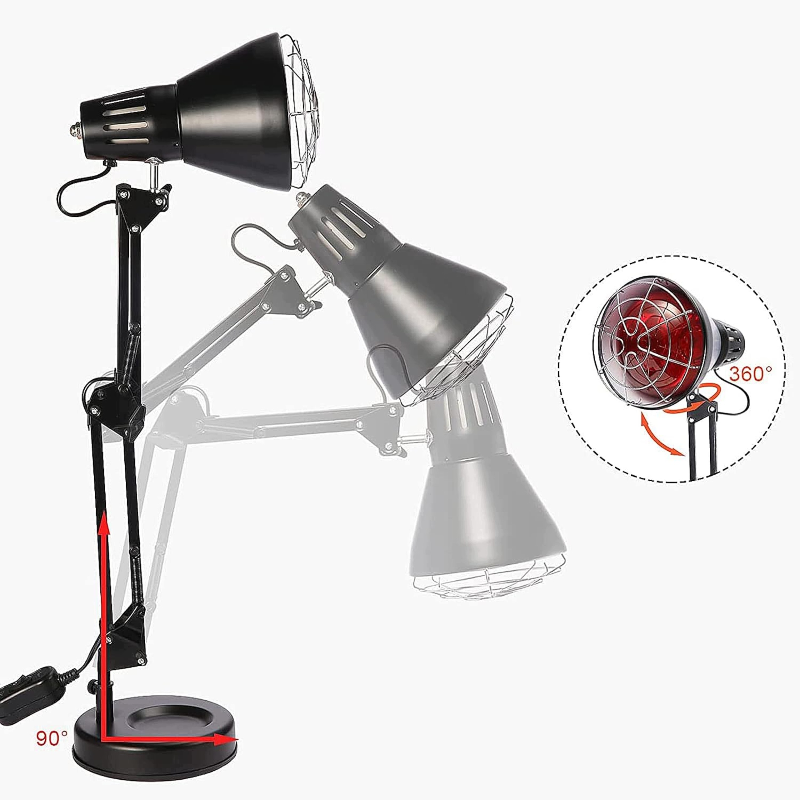Lampa Na Podczerwień 150W WO LUCK Terapia Światłem Regulowana Czarno-Srebrn